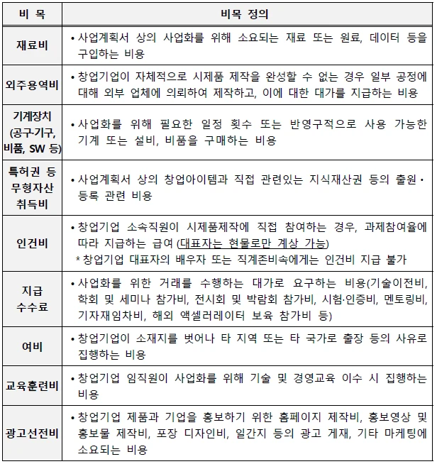 <초기창업패키지의 사업화 자금 비목>